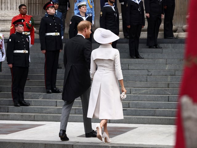 Prince Harry and his wife Meghan, the Duke and Duchess of Sussex, arrive to the National Service of Thanksgiving for The Queen's reign at Saint Paul's Cathedral.