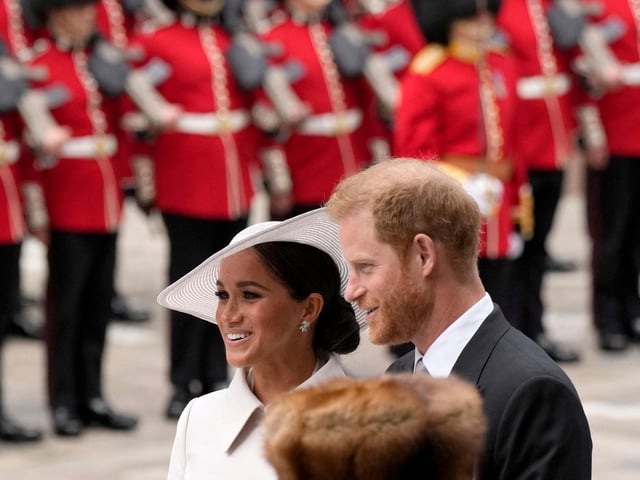 Prince Harry and his wife Meghan, the Duke and Duchess of Sussex, arrive to the National Service of Thanksgiving for The Queen's reign at Saint Paul's Cathedral.