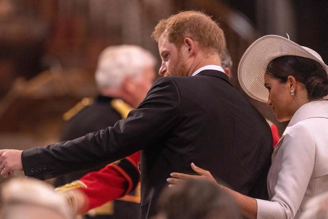 Prince Harry and his wife Meghan, the Duke and Duchess of Sussex, enter Saint Paul's Cathedral for the National Service of Thanksgiving for The Queen's reign.