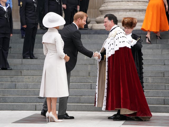 Prince Harry and his wife Meghan, the Duke and Duchess of Sussex, arrive to the National Service of Thanksgiving for The Queen's reign at Saint Paul's Cathedral.