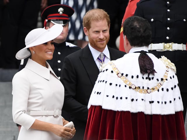 Prince Harry and his wife Meghan, the Duke and Duchess of Sussex, arrive to the National Service of Thanksgiving for The Queen's reign at Saint Paul's Cathedral.