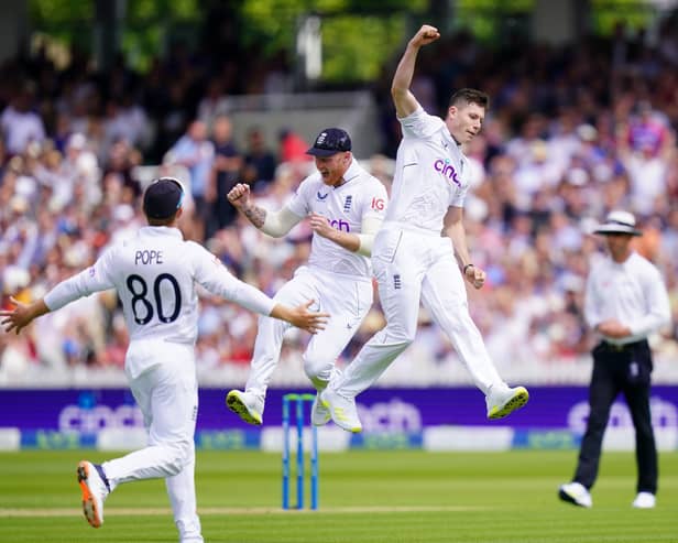 GOT HIM: England's Matthew Potts celebrates taking the wicket of New Zealand's Kane Williamson during day one of the first Test match betwee the two this summer at Lord's Picture: Adam Davy/PA