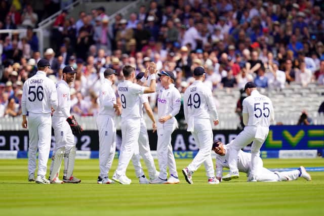 England players celebrate the wicket of New Zealand's Tom Latham during day one at Lord's Picture: Adam Davy/PA