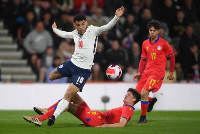 Wolverhampton Wanderers midfielder Morgan Gibbs-White in action for England Under 21s. Pic: Mike Hewitt.
