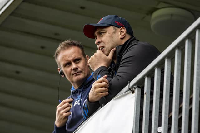 Wakefield Trinity boss Willie Poching, with assistant Francis Cummins, believes his side are in good shape to break their winless streak. Picture: Tony Johnson.
