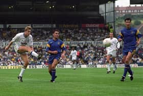 DON AND DUSTED: Leeds United striker Lee Chapman fires home a late winner to complete a brace and finally sink opening weekend visitors Wimbledon at Elland Road back in August 1992 as the Premier League first began. Picture by Varleys.