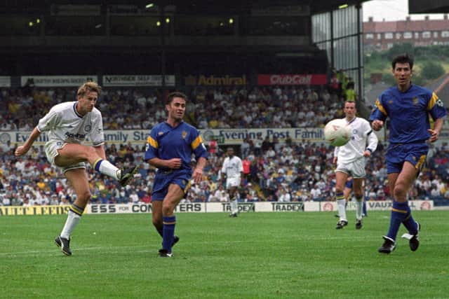 DON AND DUSTED: Leeds United striker Lee Chapman fires home a late winner to complete a brace and finally sink opening weekend visitors Wimbledon at Elland Road back in August 1992 as the Premier League first began. Picture by Varleys.