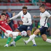 FRUSTRATION: Leeds United's England midfielder Kalvin Phillips, right, and Three Lions team mate Reece James challenge Hungary's match winner Dominik Szoboszlai in Saturday's defeat in Budapest. Photo by Visionhaus/Getty Images.