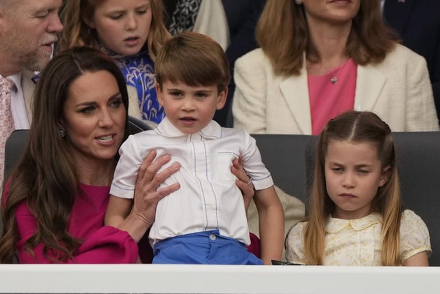 The Duchess of Cambridge, Prince Louis and Princess Charlotte during the Platinum Jubilee Pageant.