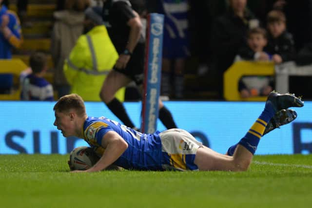 Morgan Gannon scores in Rhinos' win over Hull KR. Picture by Bruce Rollinson.