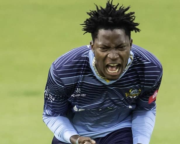 Yorkshire Vikings' Dominic Drakes celebrates bowling Nottinghamshire Outlaws' Samit Patel first ball. Picture: Allan McKenzie/SWpix.com
