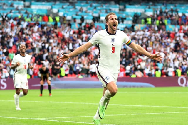 Harry Kane celebrates scoring England's second goal against Germany in their 2-0 EURO 2020 win. Pic: Catherine Ivill.