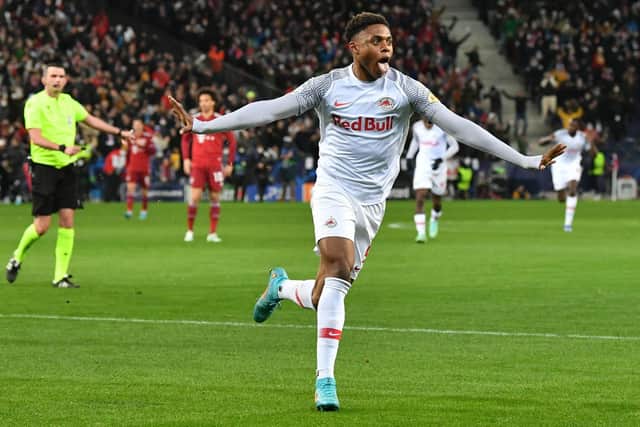 STRIKER SWOOP? Leeds United are reportedly eyeing a move for RB Salzburg's 21-year-old Austrian international striker Junior Adamu, above. 
Photo by KERSTIN JOENSSON/AFP via Getty Images.