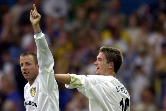 Lee Bowyer celebrates with Harry Kewell after opening the scoring.