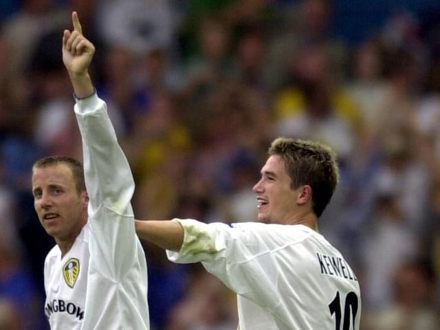 Lee Bowyer celebrates with Harry Kewell after opening the scoring.