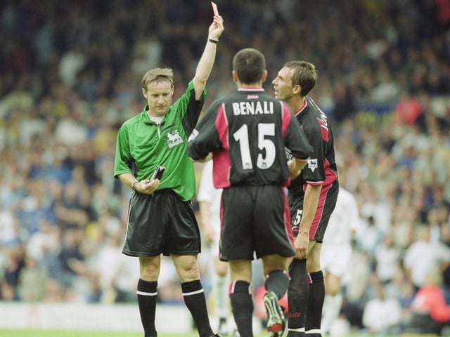 Southampton's Claus Lundekvam is sent off by referee Clive Wilkes.