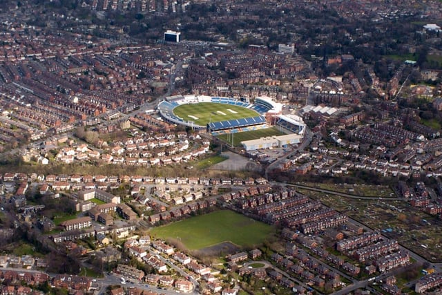 Headingley, with Yorkshire Cricket Ground and Leeds Rhinos stadium within the centre of the photo.