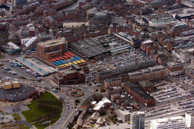 A view over Kirkgate Market, Leeds Bus Station, Millgarth Police Station and West Yorkshire Playhouse.