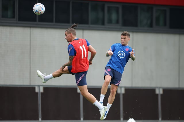 Phillips and Newcastle United defender Kieran Trippier challenge for an aerial ball (Photo by Eddie Keogh - The FA/The FA via Getty Images)