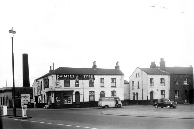 On the left is Sheepscar Street South, next going off to the right is Benson Street. This block of property was the business of Palmers Tyres. Pictured in May 1959.