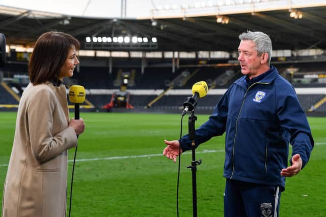 BBC Super League Show host Tanya Arnold with Warrington Wolves coach Daryl Powell. Picture: Will Palmer/SWpix.com.