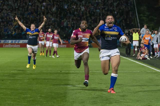 Leeds Rhinos' Ryan Hall goes in for his last-gasp try against Huddersfield Giants seven years ago. Picture: Allan McKenzie/SWpix.com.