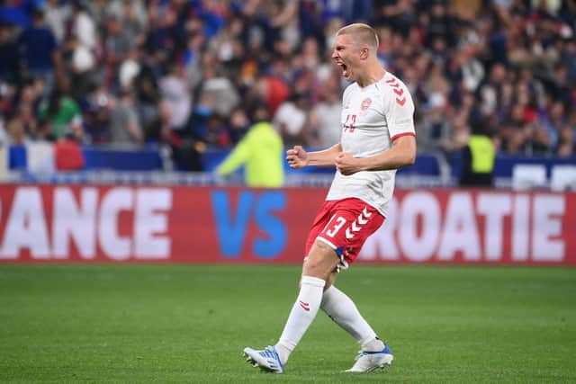Rasmus Kristensen celebrates Denmark's 2-1 Nations League win over France in June. Pic: Frank Fife.
