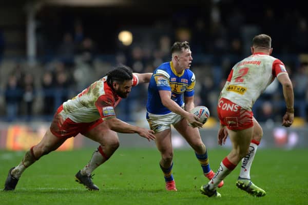 Rhinos' Jack Broadbent, pictured in action against St Helens this year, has been linked with a move to Castleford. Picture by Bruce Rollinson.