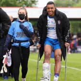Reece Lyne on crutches after being hurt during last week's game. Picture by John Clifton/SWpix.com.