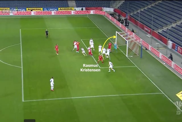 Kristensen scored three headers last season, two of which came from dead ball situations. Darting towards the front post, the Dane uses his 6ft 2in frame to head beyond the goalkeeper, this looping effort finding its way into the far corner of the net. (Image: InStat)