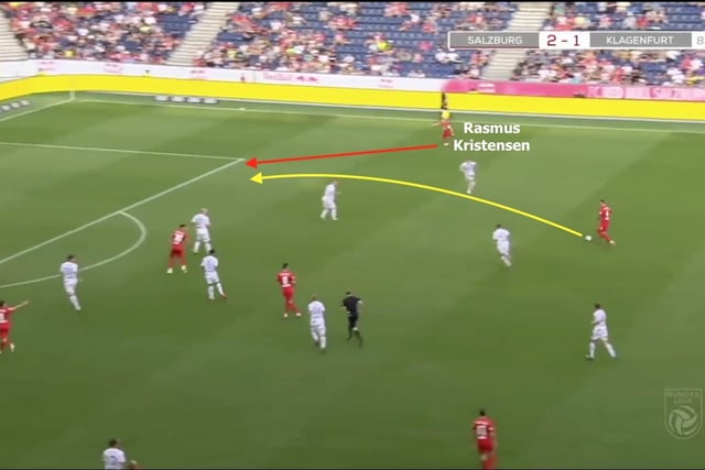 Perhaps Kristensen's best attacking attribute is his aggressive positioning in wide areas. Helped by Red Bull Salzburg's dominance in games, Kristensen was able to hold a high position on the right-hand side, where he was able to make diagonal runs into the penalty area, or swing crosses in. In this example, Kristensen's out-to-in run allows him to bear down on goal and find the back of the net. (Image: InStat)