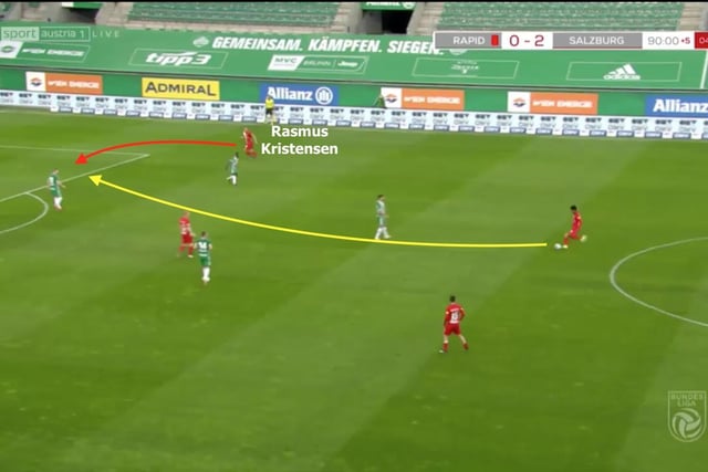 Here's Kristensen popping up on the right-hand side again, once more in an advanced position, relatively level with the forward line. Identifying space behind opposition left-backs could be a useful ploy for Leeds to use in attack next season (Image: InStat)