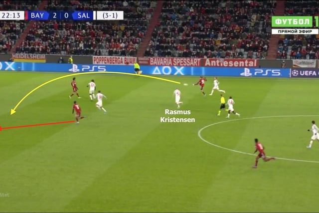As with any young defender, though, there are weaknesses to his game; namely his defensive positioning in transition. Here, Bayern Munich catch Salzburg out and play a simple ball over the top which Robert Lewandowski converts. Kristensen has been sucked into the middle, leaving the Polish striker unmarked and through on goal (Image: InStat)