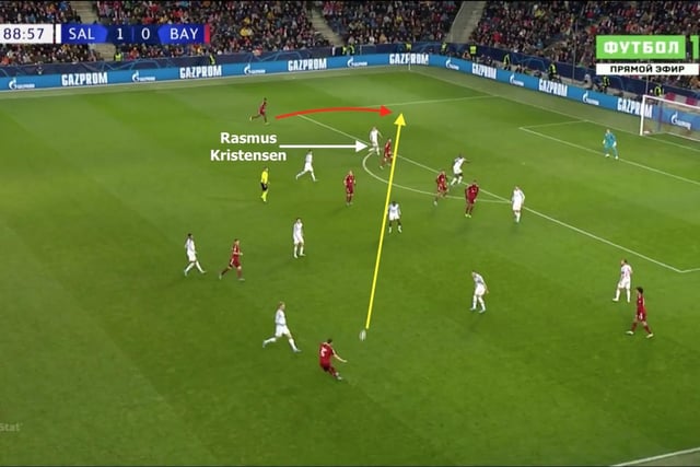 A different situation here, again versus Bayern, sees Kristensen dragged too narrow allowing Kingsley Coman the room to pluck this diagonal pass out of the air and score past the Salzburg 'keeper. Kristensen will come up against the same calibre of opponent next season (Image: InStat)