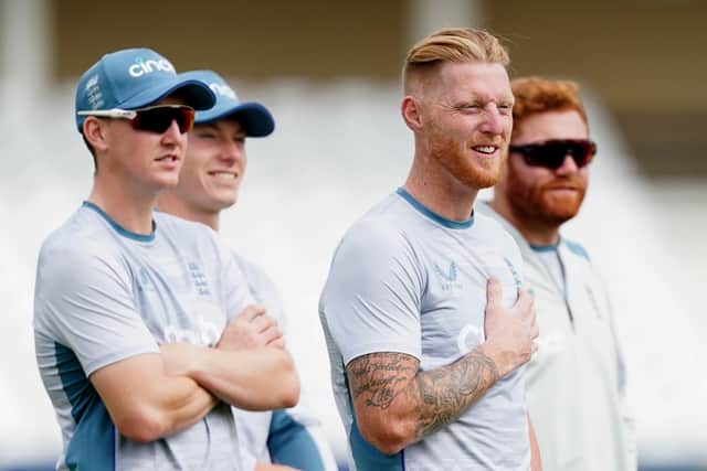 England's Ben Stokes (centre) during a nets session at Trent Bridge. Picture: PA.