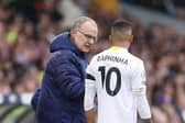 Former Leeds United boss Marcelo Bielsa delivers instructions to Raphinha. Pic: Alex Pantling.