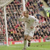 Lee Bowyer celebrates scoring against Liverpool during the FA Carling Premiership clash at Anfield in April 2001. Leeds won 2-1. PIC: Getty