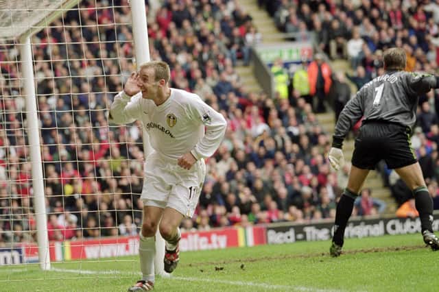 Lee Bowyer celebrates scoring against Liverpool during the FA Carling Premiership clash at Anfield in April 2001. Leeds won 2-1. PIC: Getty
