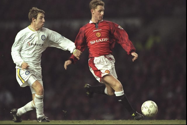 Lee Bowyer challenges Manchester United's Nicky Butt  during the Premier League clash at Old Trafford in December 1996.