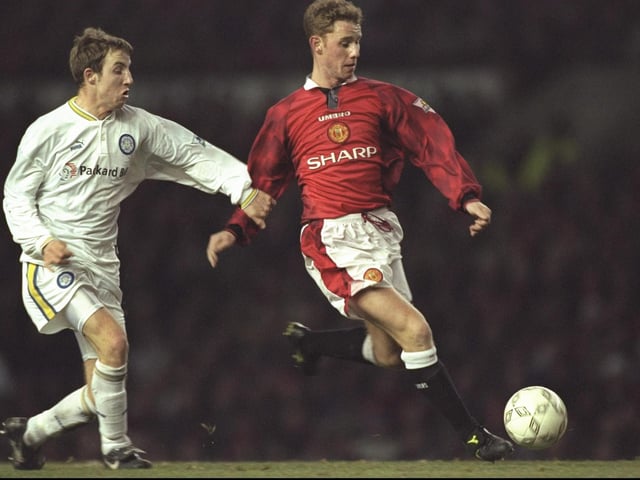 Lee Bowyer challenges Manchester United's Nicky Butt during the Premier League clash at Old Trafford in December 1996.