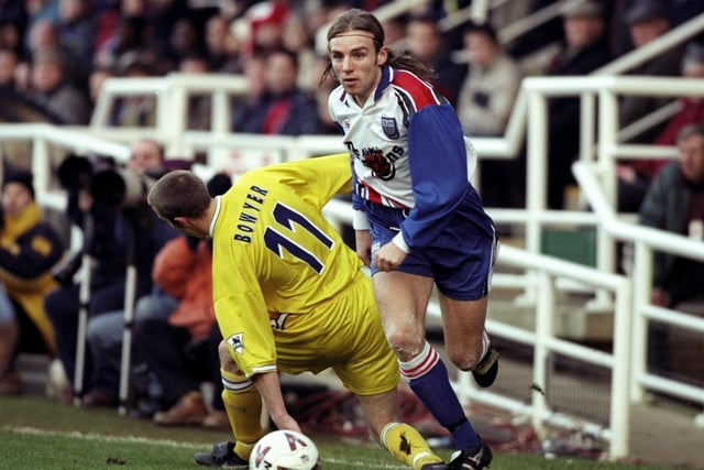Paul Underwood of Rushden and Diamonds gets the better of Lee Bowyer during the FA Cup third round clash at Nene Park in Jauary 1999. The tie ended goalless with Leeds winning the replay 3-1.