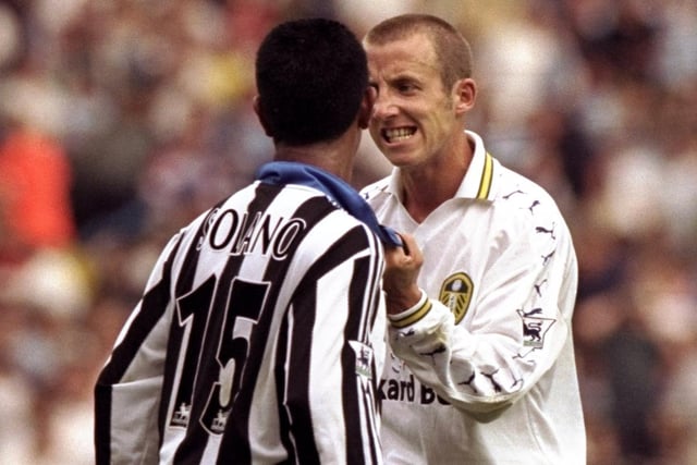Lee Bowyer argues with Newcastle United's Nolberto Solano during the FA Carling Premiership clash at Elland Road in September 1999.