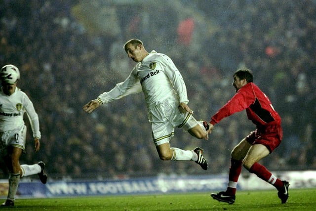 Lee Bowyer scores against Lokomotiv Moscow during the UEFA Cup second round first leg match at Elland Road in October 1999.