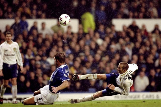 Lee Bowyer shoots past Everton's Richard Gough during the FA Carling Premiership clash at Goodison Park in October 1999. The game ended 4-4.