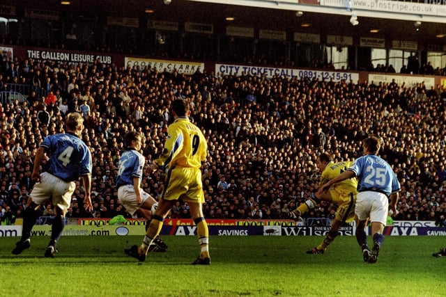 Lee Bowyer shoots for goal during the FA Cup fourth round clash against Manchester City at Maine Road in January 2000. Leeds won 5-2.