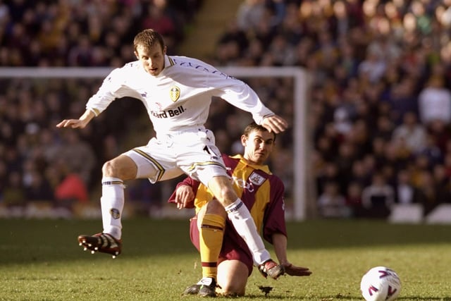 Lee Bowyer is challenged by Bradford City's Gareth Whalley during the FA Carling Premiership match at Valley Parade in March 2000.