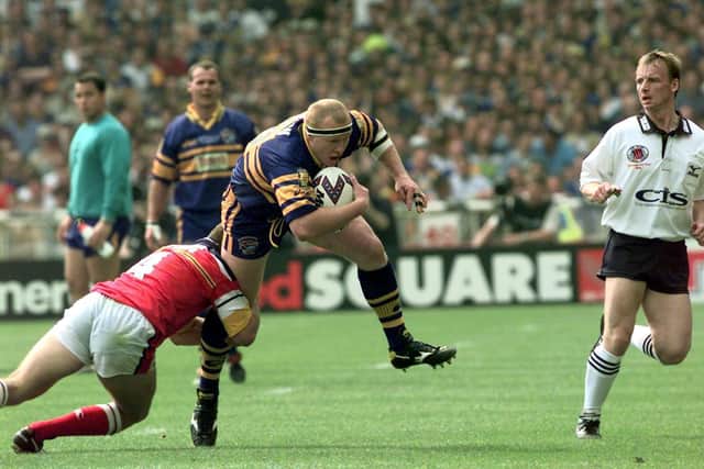 Jamie Mathiou in action for Rhinos at Wembley in 1999. Picture by Bruce Rollinson.