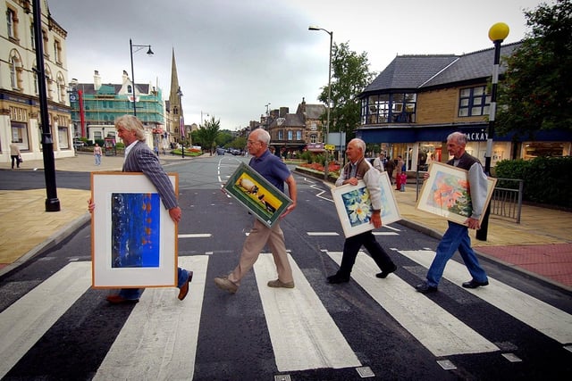 Artist get ready for the Ilkley Art Festival, by walking across the pedestrian crossing on The Grove in September 2005. Pictured, from left, are Maurice Lee, Leslie Simpson, Alan Morby and Trevor Smith.