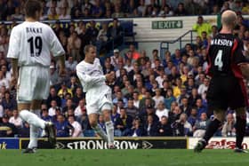 THUNDEROUS STRIKE: Lee Bowyer, centre, fired Leeds United in front against opening day visitors Southampton back in August 2001 en route to the perfect start to the season for David O'Leary's side. Picture by Varleys.