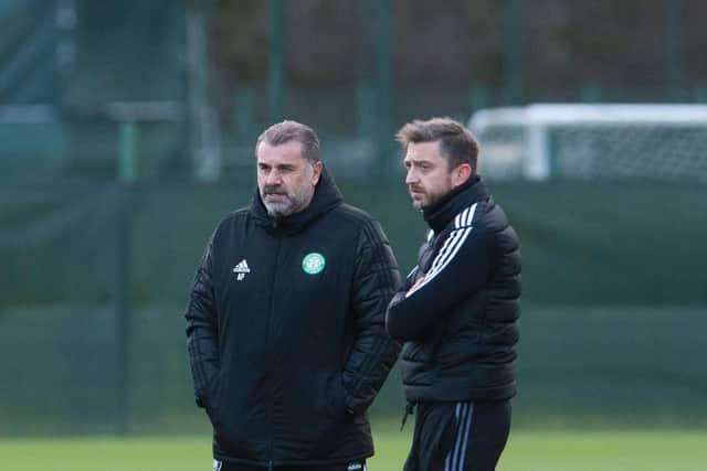 Celtic boss Ange Postecoglou (L) has added Harry Kewell to his backroom staff alongside Gavin Strachan (R), son of ex-Whites player Gordon